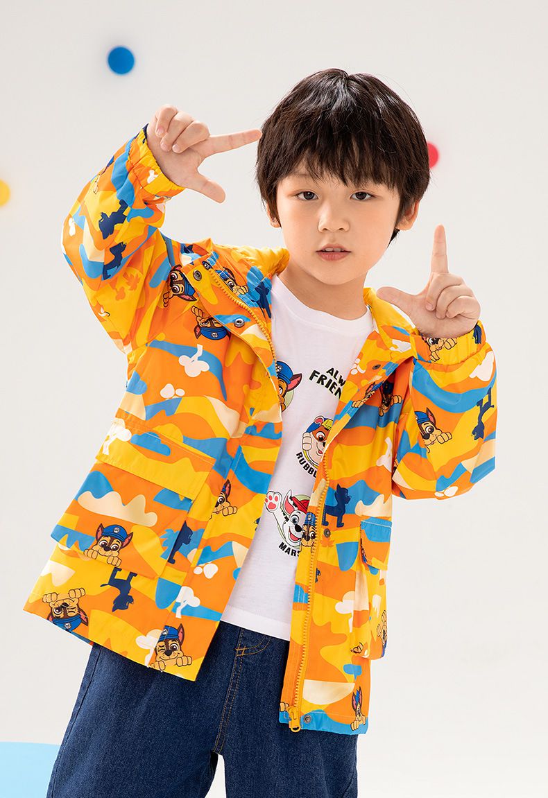 卡通汪汪隊連帽滿印衝鋒外套(單件入）-卡通人物阿奇+毛毛-紅色-不含搖粒絨內著