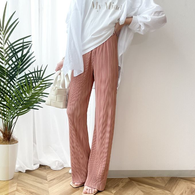 日本 Classical Elf - 光澤感細褶垂墜感長褲-酪梨綠