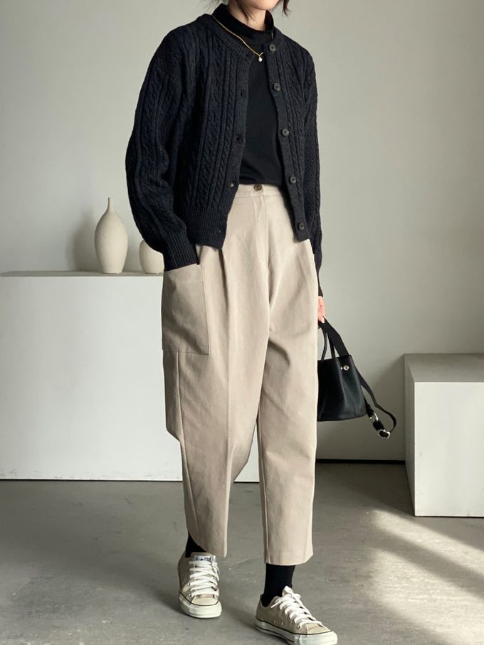 韓國女裝連線 - 麻花捲鈕扣無領針織外套-黑灰 (FREE)