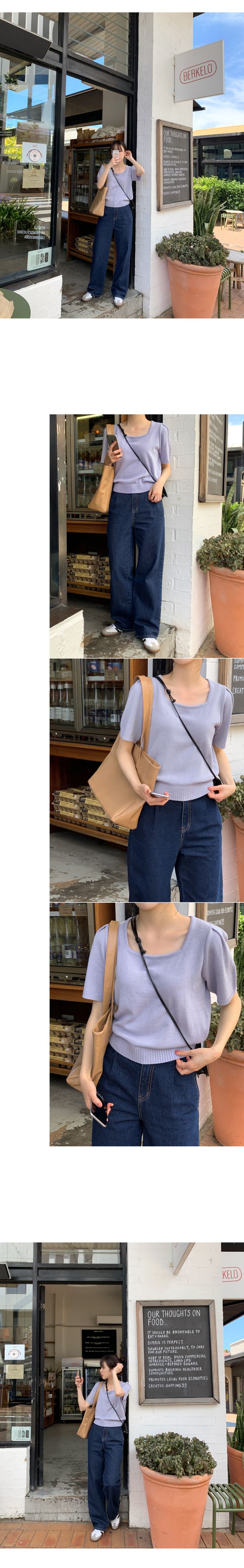 韓國 98doci - 氣質方領針織短袖上衣-薰衣草紫