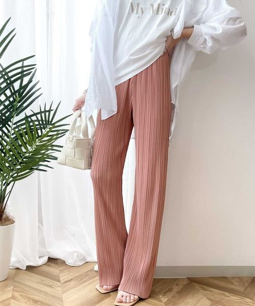 日本 Classical Elf - 光澤感細褶垂墜感長褲-焦糖棕