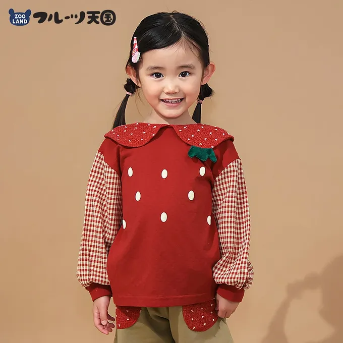 日本 ZOOLAND - 水果樂園 可愛草莓領口長袖上衣-粉紅