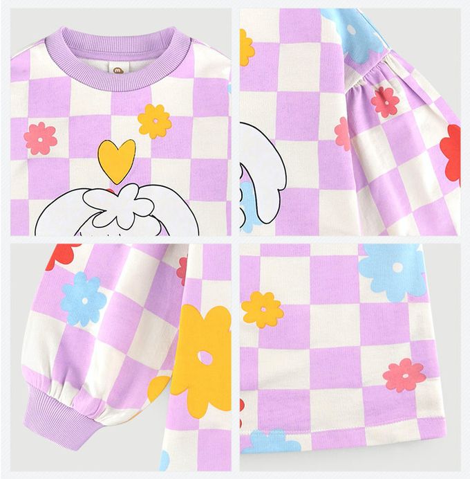 韓國 milk mile - 棋盤紋花綴白兔連身洋裝