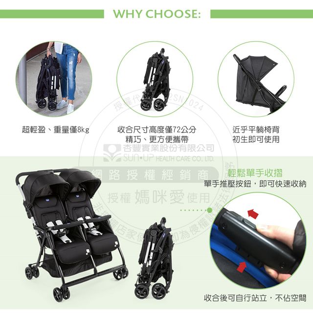 義大利 chicco - Ohlalà都會輕旅雙人手推車-夜魅黑