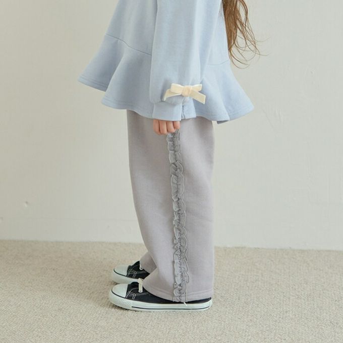 日本 Lycee mine - 側邊薄紗荷葉休閒長褲(不易起毛球)-炭灰