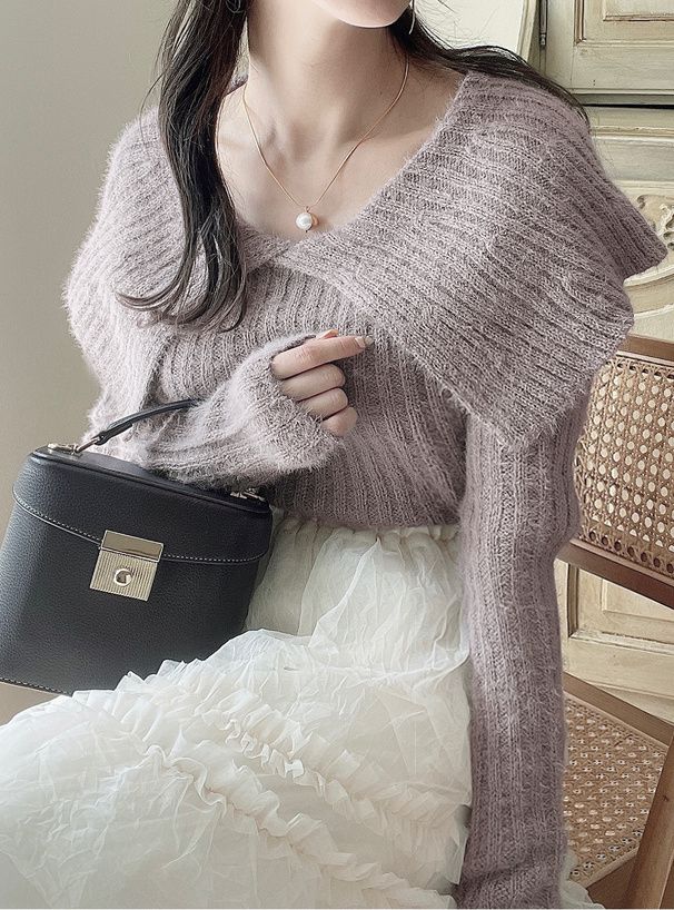 日本 GRL - 優雅甜美毛絨感大翻領針織上衣-黑