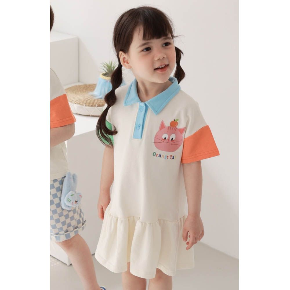 撞色翻領短袖荷葉襬拼接洋裝-橘子貓-綠X橘