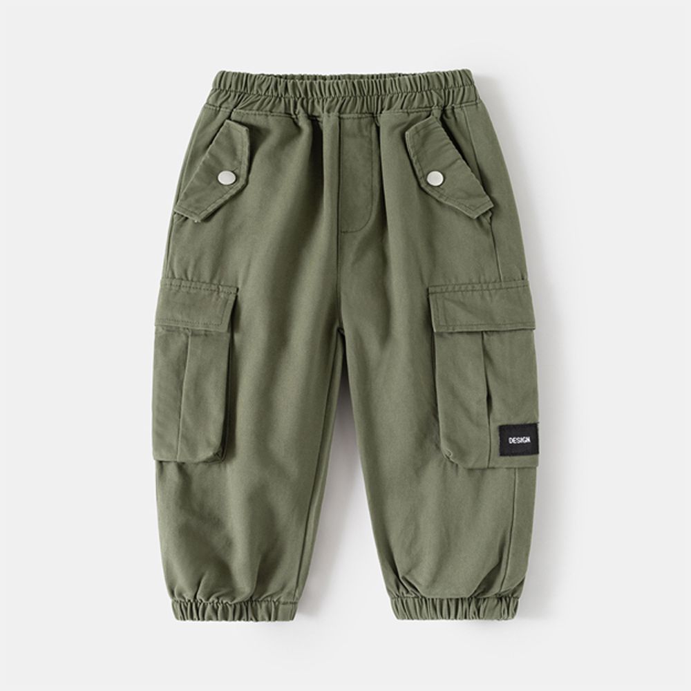 純棉腰鬆緊休閒長褲-造型口袋-軍綠