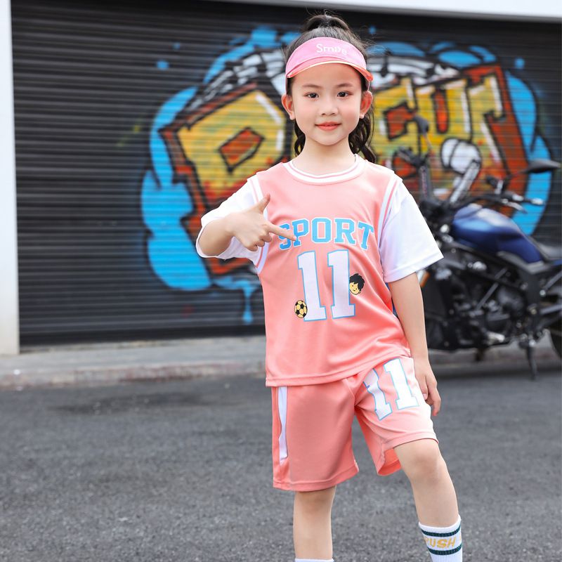 假兩件兒童速乾短袖運動套裝-數字11-綠色