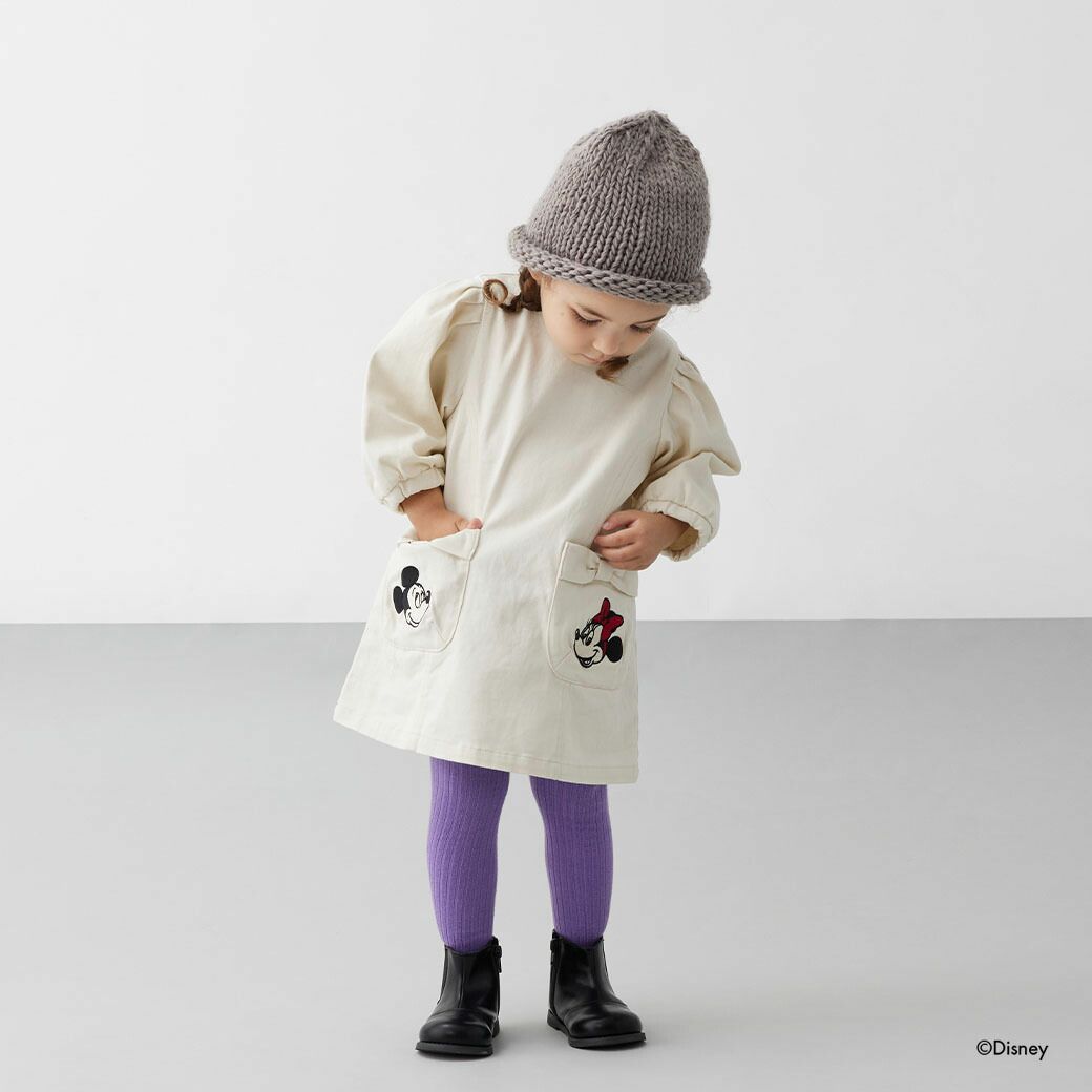 日本 petit main - 聯名款 俏麗蝴蝶結口袋長袖洋裝-丹寧藍