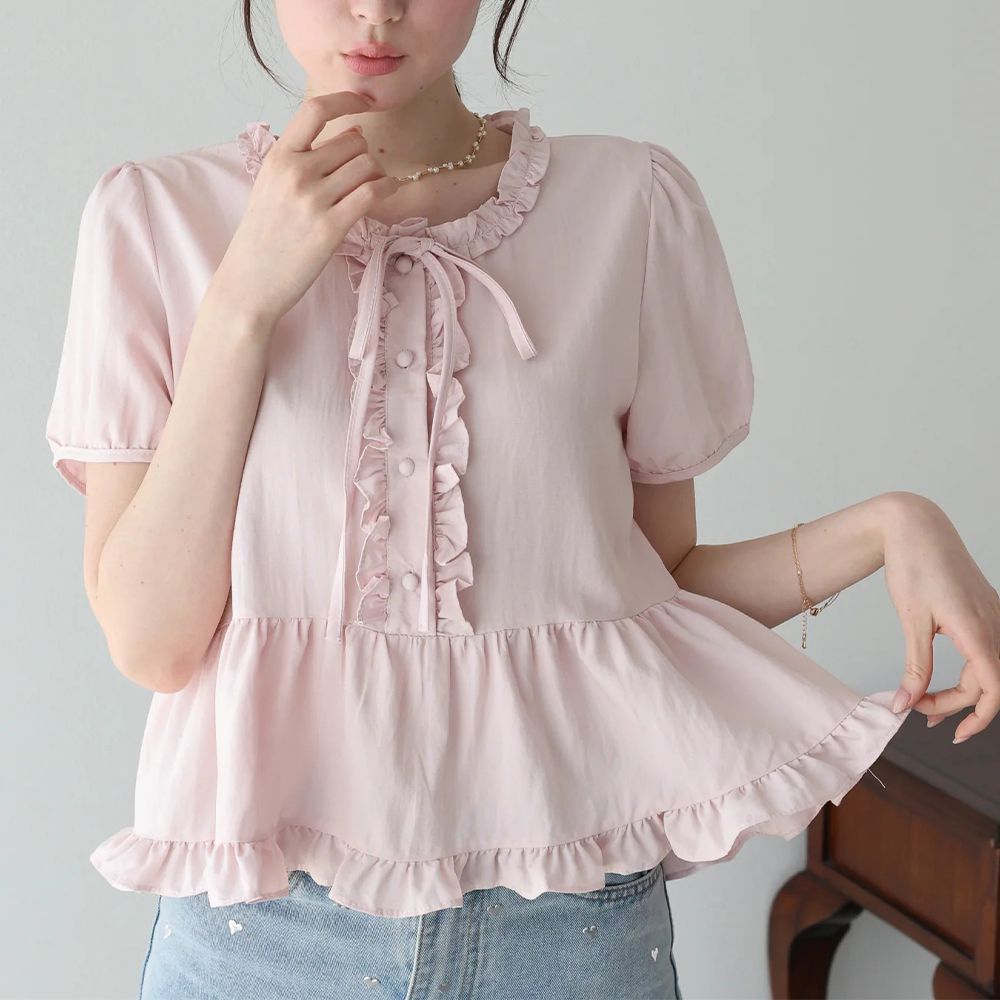 可愛蝴蝶結摺邊傘擺短袖上衣-粉紅