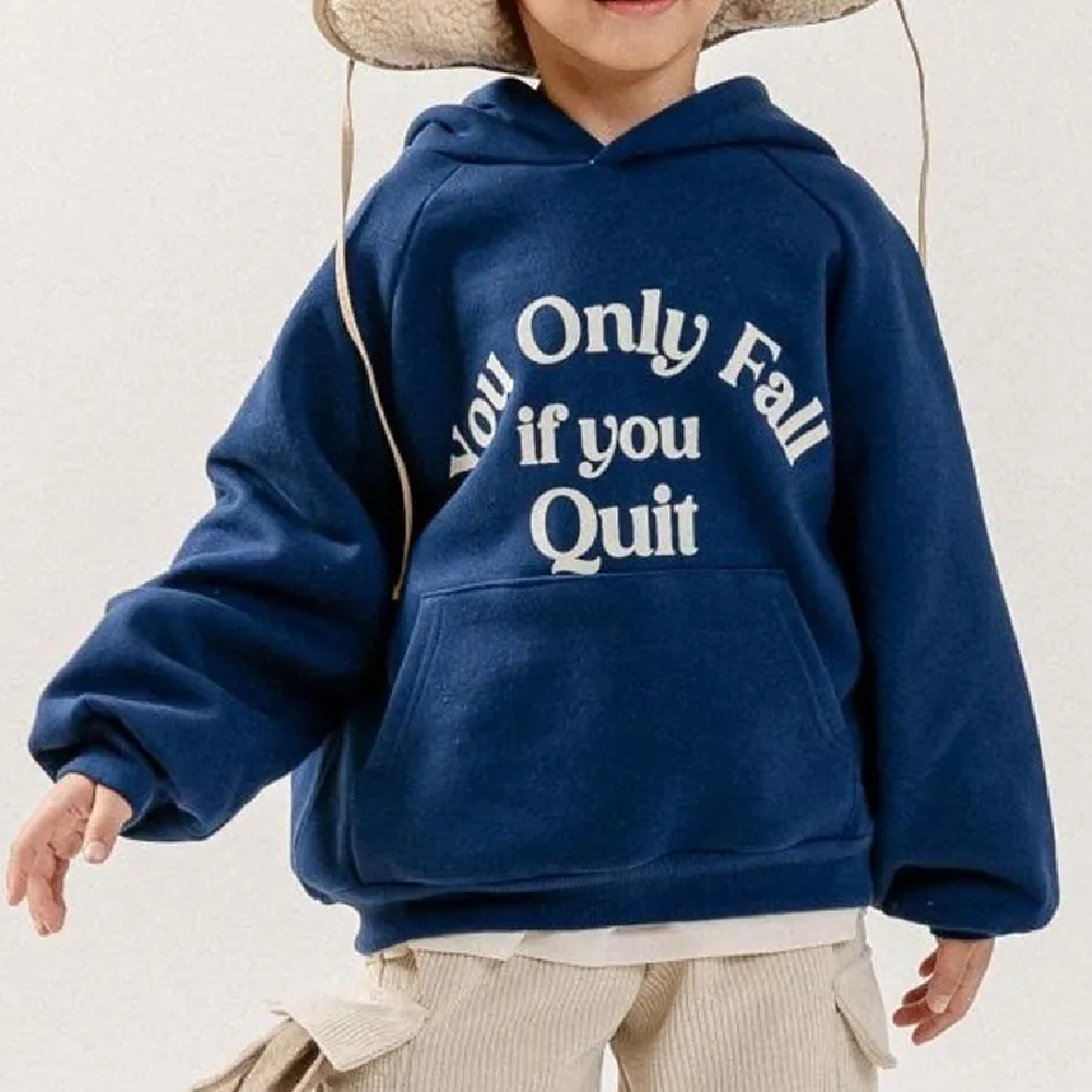 (內磨毛)個性文字寬鬆連帽T-藍