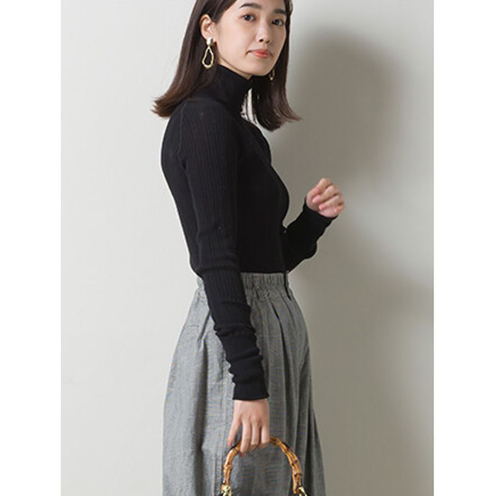 日本 OMNES - [定番]純棉彈性羅紋針織上衣-高領-黑-1250