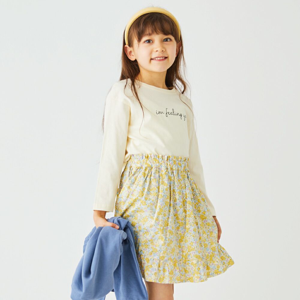 日本 evercloset - 小清新印花鬆緊圓裙(有打底褲)-小花-黃