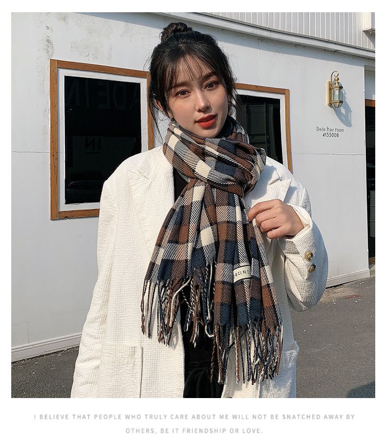 仿羊絨多彩格紋暖暖圍巾-灰+棕 (200x70cm)