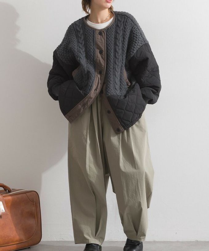 日本 Lupilien - 立體麻花絎縫拼接無領保暖外套-象牙