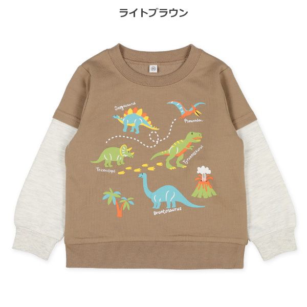 日本西松屋 - 裏毛圓領印花長袖上衣-恐龍小島-咖啡