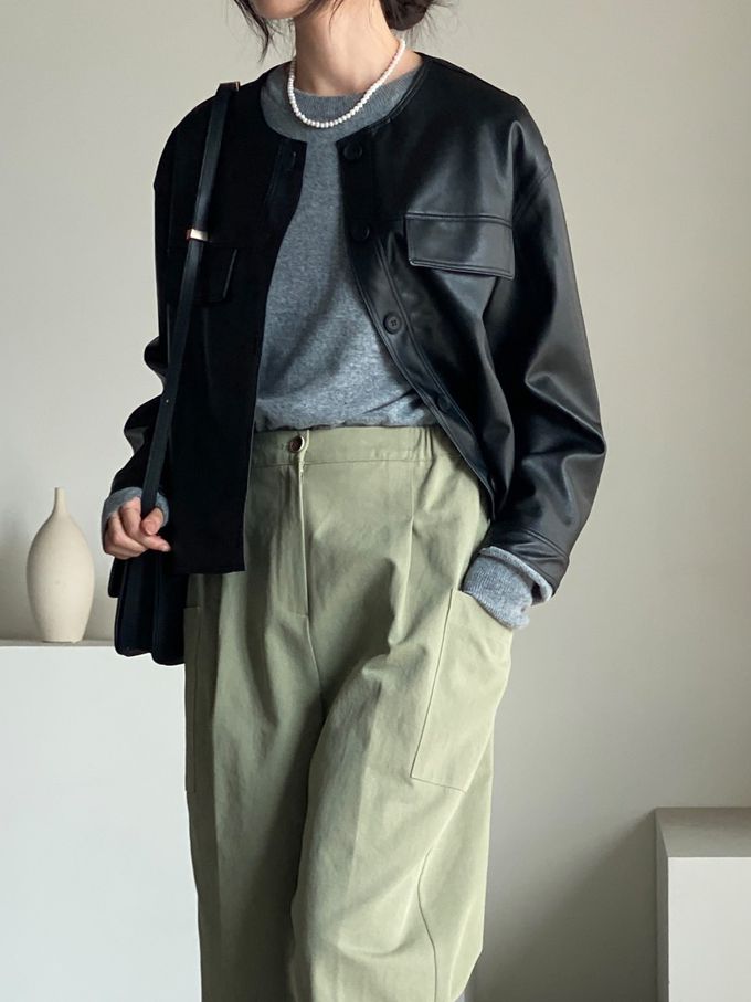 韓國女裝連線 - 鬆緊腰雙口袋錐形修飾長褲-黑 (FREE)