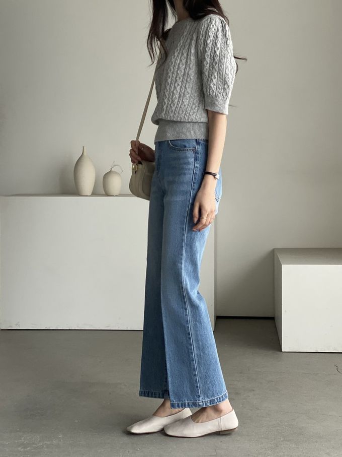 韓國女裝連線 - 麻花辮編織五分袖針織上衣-淺灰 (FREE)