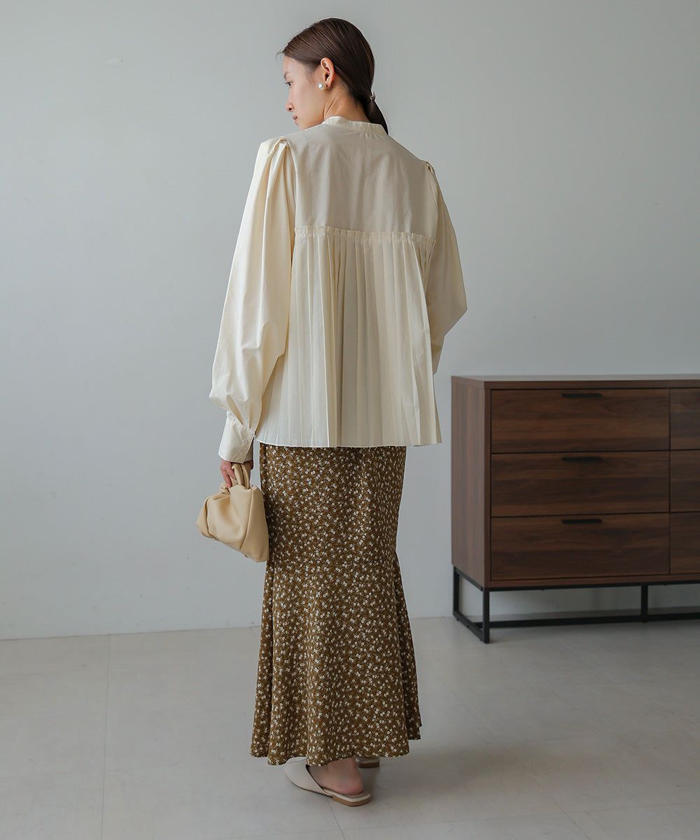 日本 Bab - 歐風百褶拼接泡泡袖襯衫-灰棕