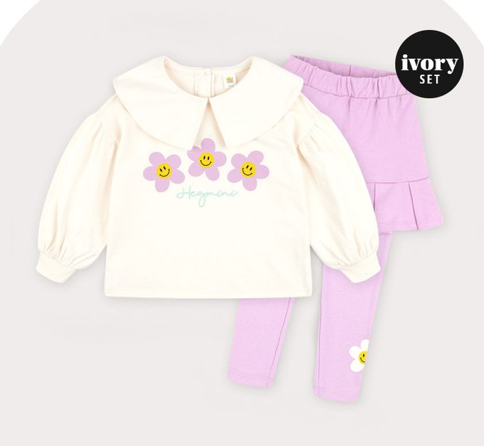 韓國 HEJMINI - 微笑白花裝飾澎袖內搭褲裙套裝-粉X淡橘