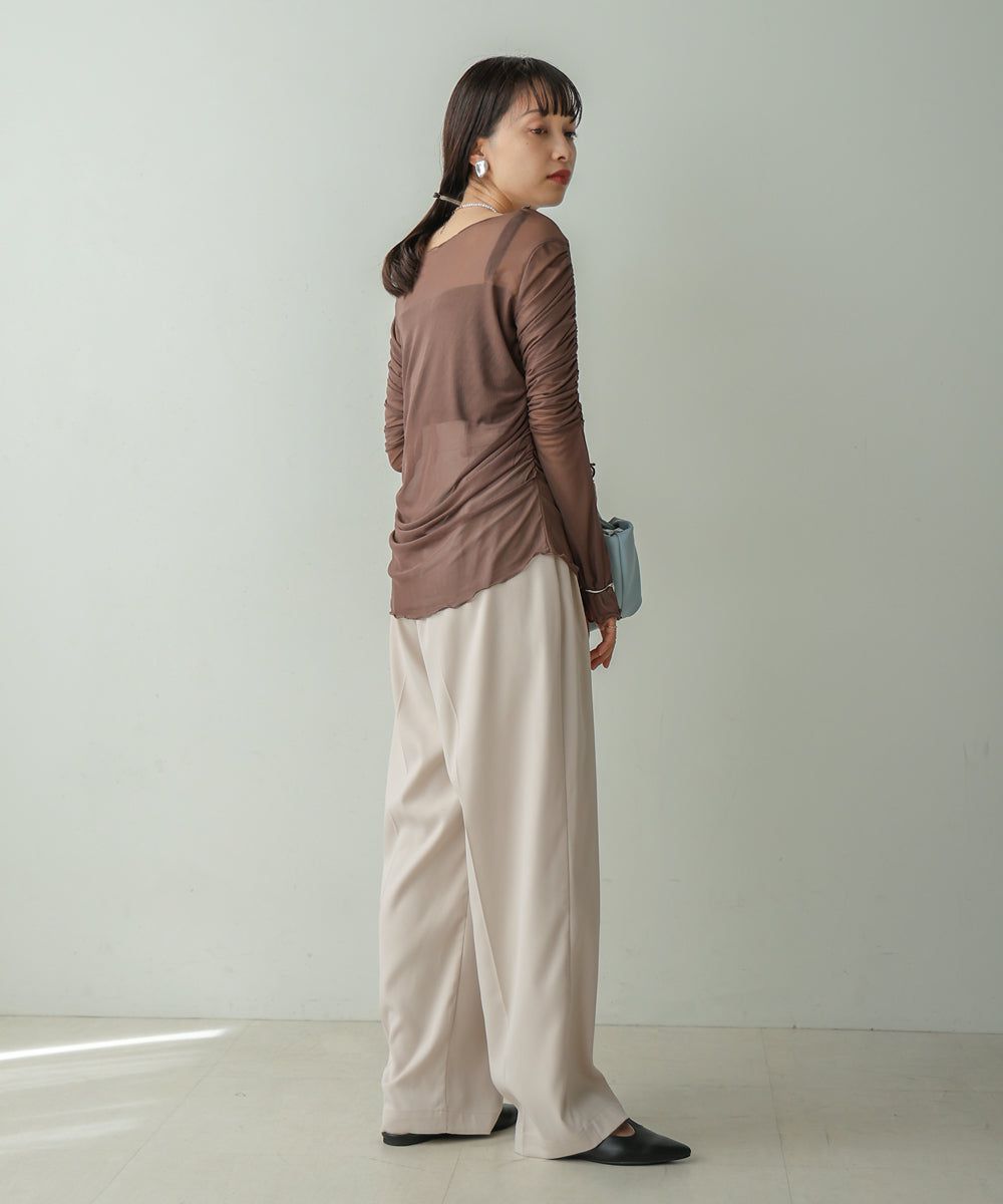 日本 Bab - 時尚透感抓皺長袖內搭/上衣-深可可