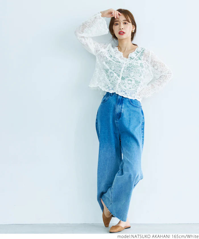 日本 COCA - 透明感蕾絲花朵薄外套/罩衫-白