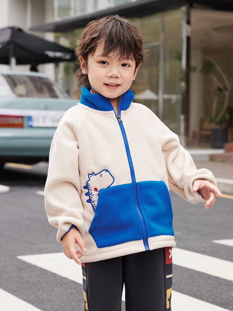 搖粒絨保暖兒童外套-恐龍-藍色