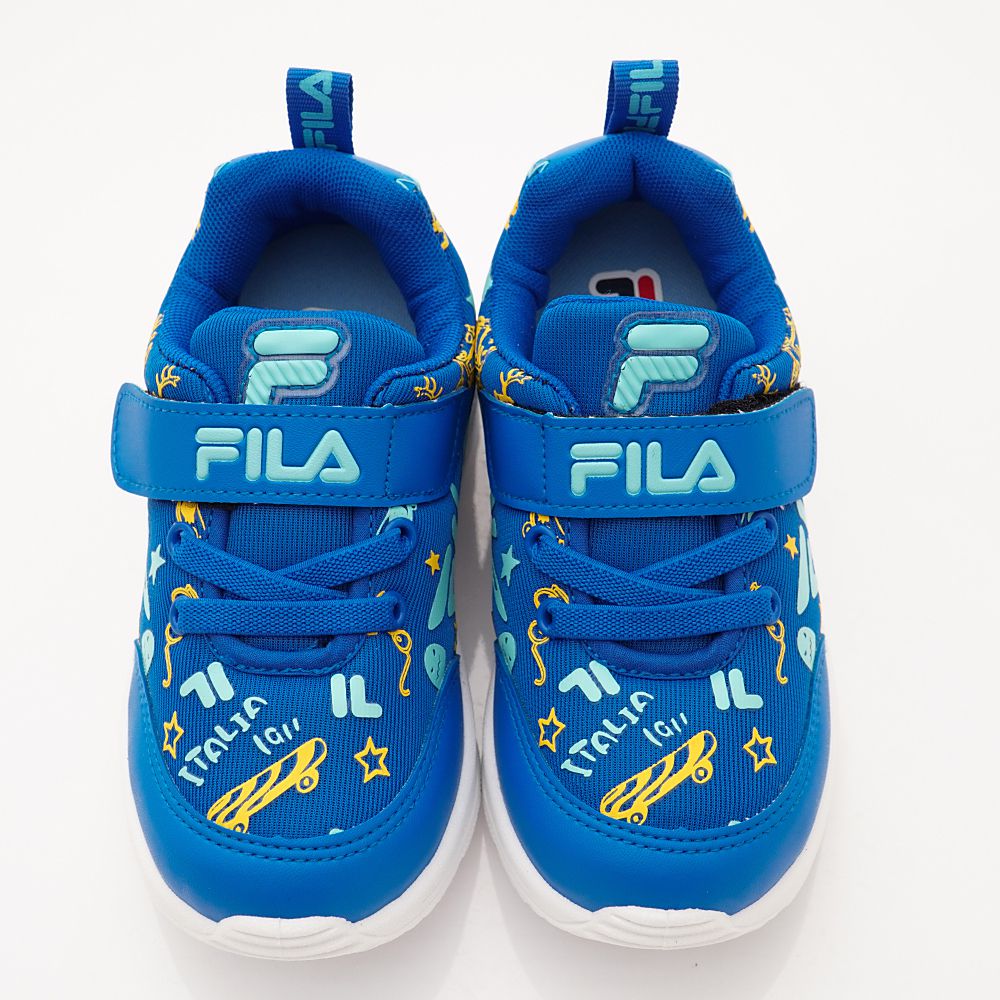 FILA - 半氣墊彈力印花運動鞋(中大童段)-藍黃