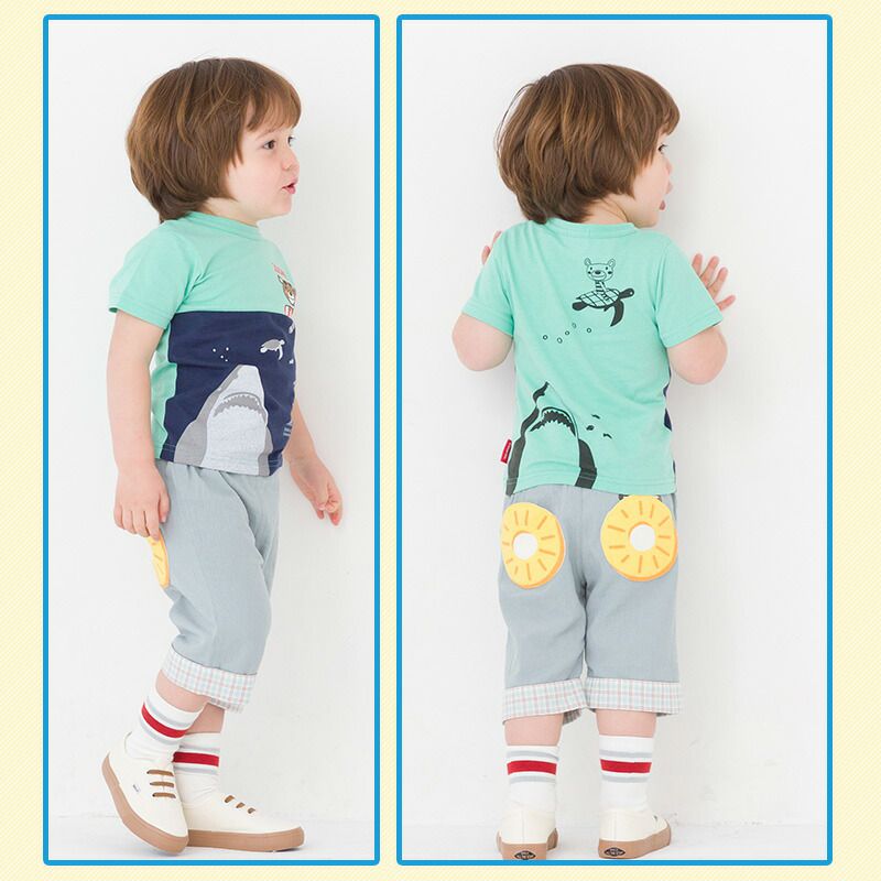 日本 ZOOLAND - 海洋風童趣印花短袖上衣-鯊魚來了-藍綠