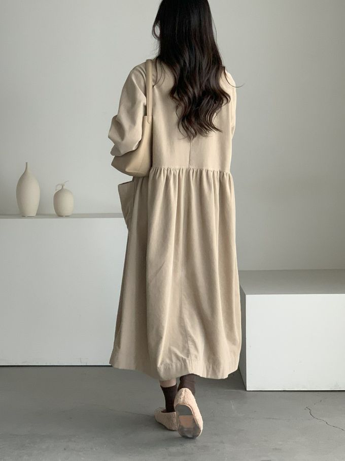 韓國女裝連線 - 極簡大口袋燈芯絨連身洋裝-米杏 (FREE)