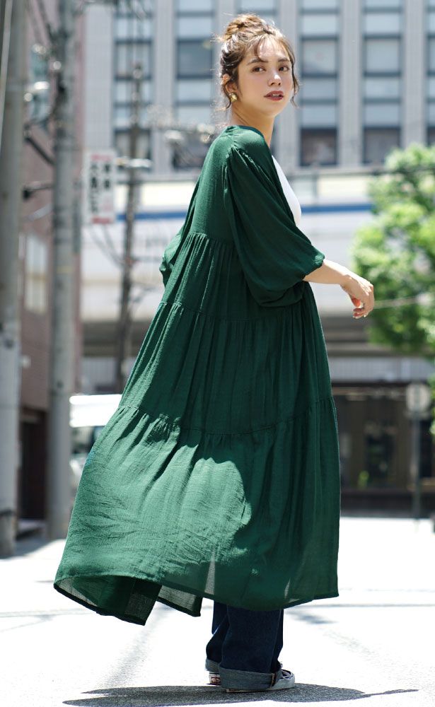 日本 zootie - 2WAY楊柳飄逸澎澎袖洋裝-深綠