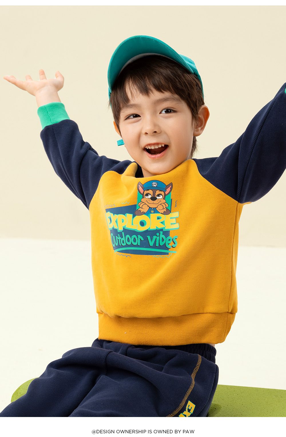 卡通汪汪隊圓領拼色長袖套裝-卡通人物阿奇-黃+深藍