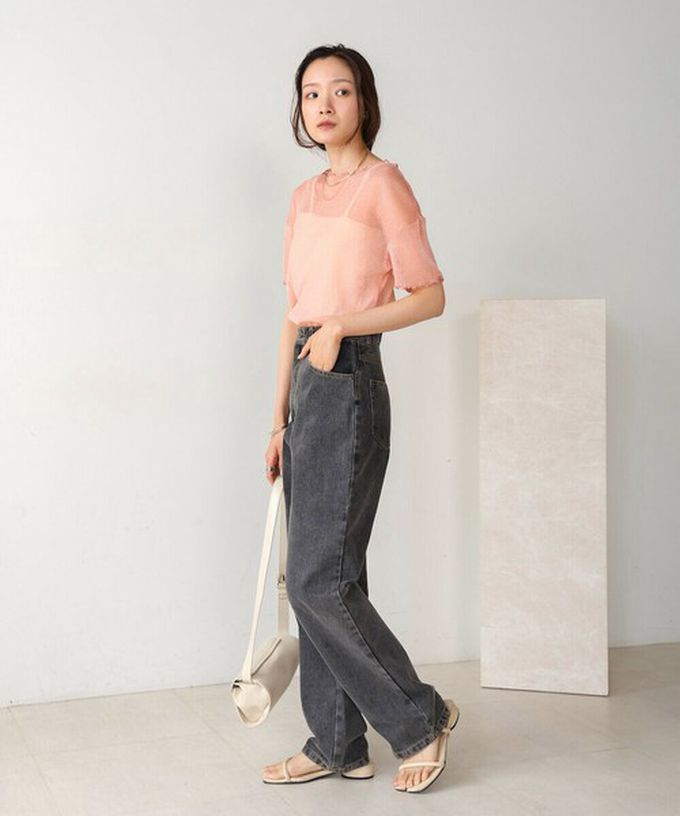 日本 Bab - 華麗微亮透明木耳短袖上衣-(無內裡)-粉紅