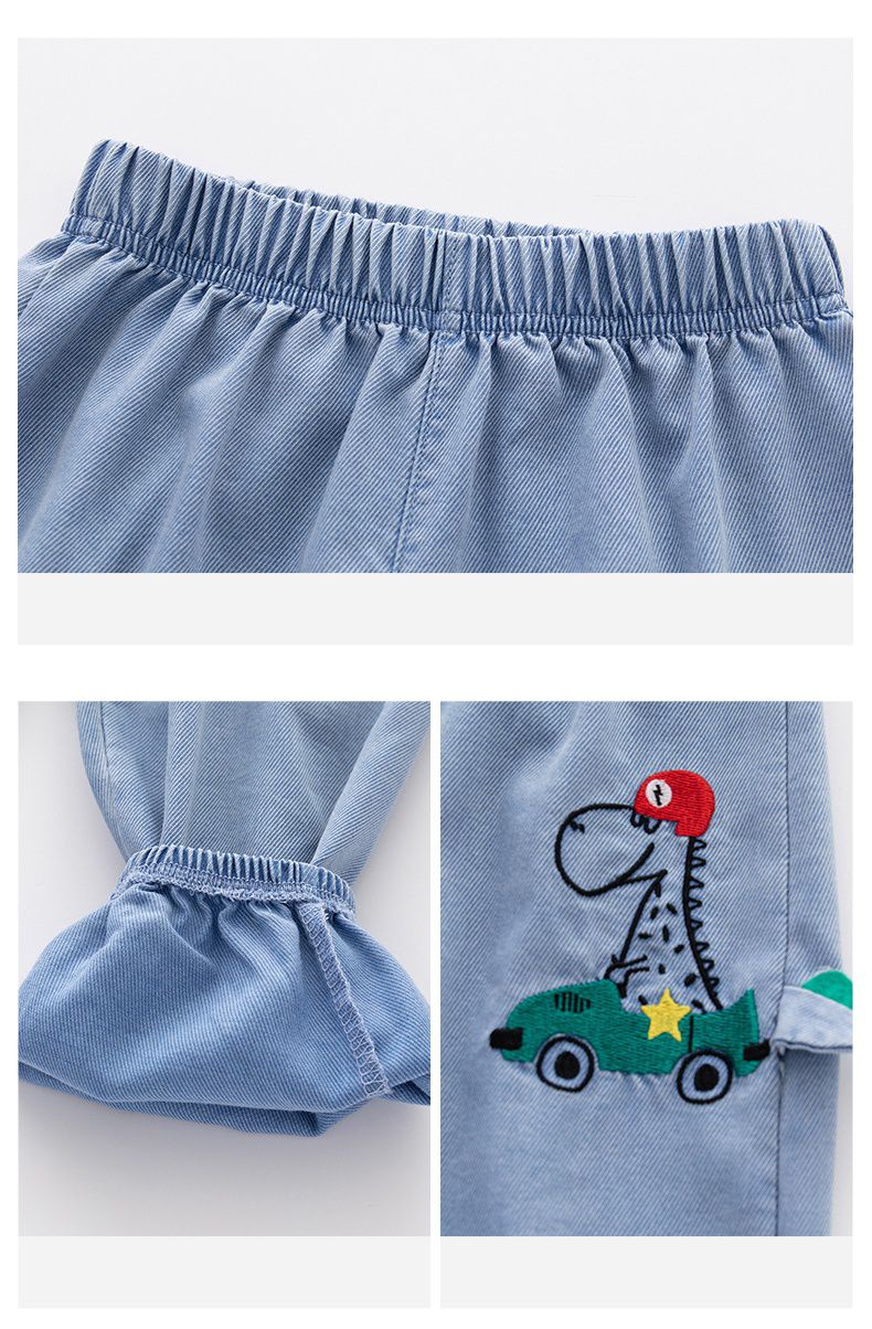 百搭牛仔束口長褲/防蚊褲-恐龍開車-牛仔藍