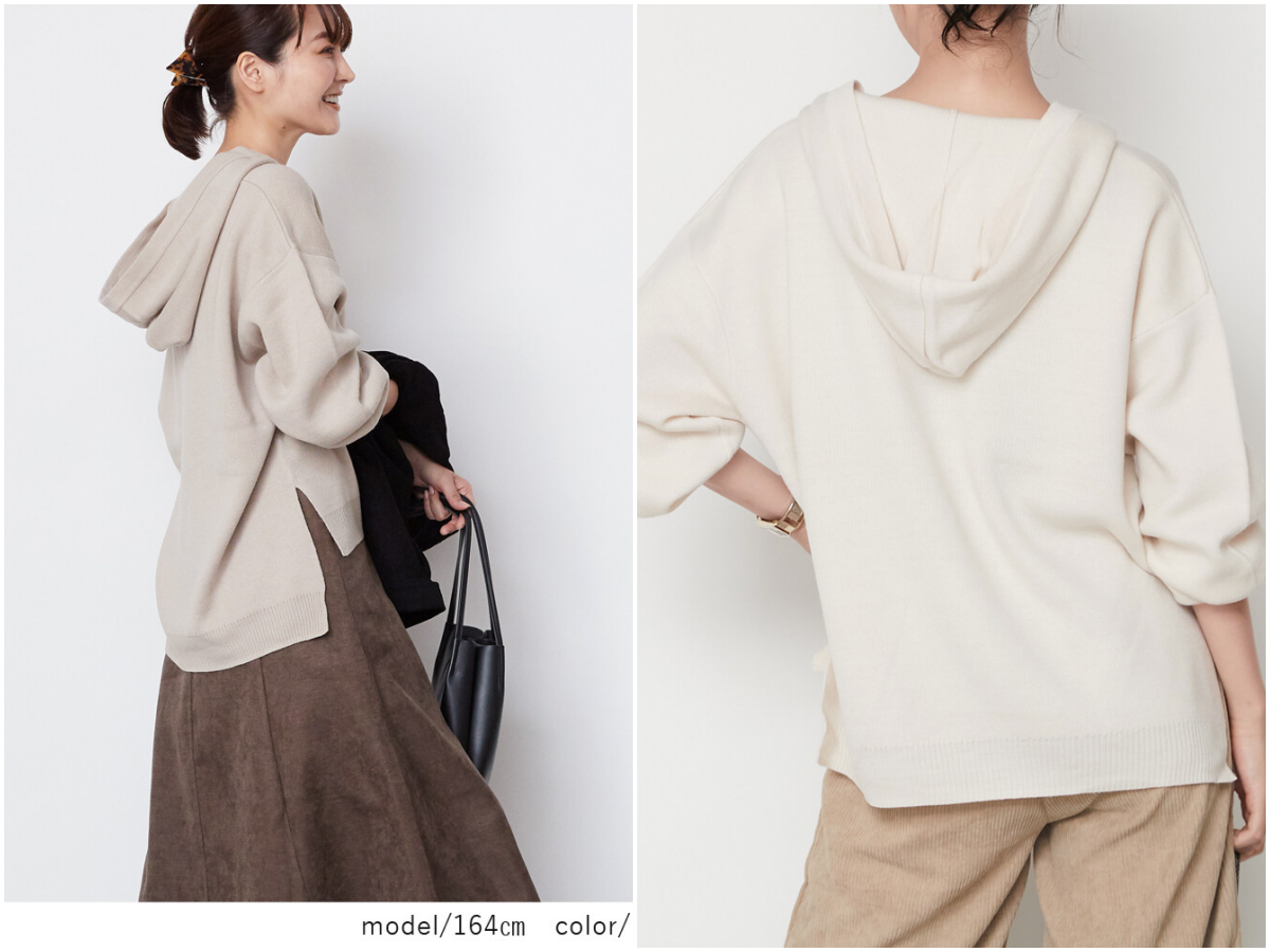 日本女裝代購 - 顯瘦小V領前短後長連帽針織上衣-深咖啡 (M(Free size))