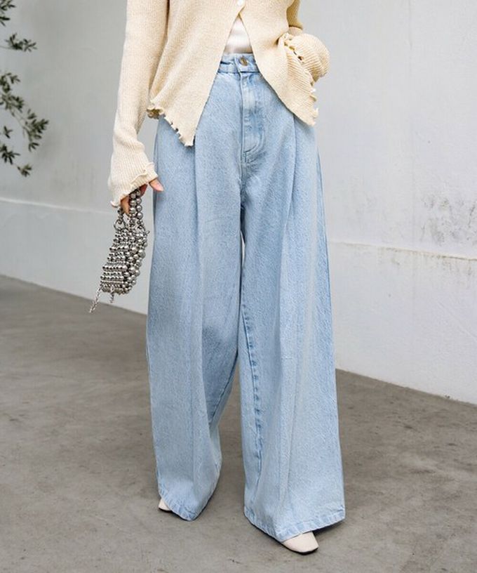 日本 Bab - 腳長效果 摺線丹寧印度棉寬褲-深灰