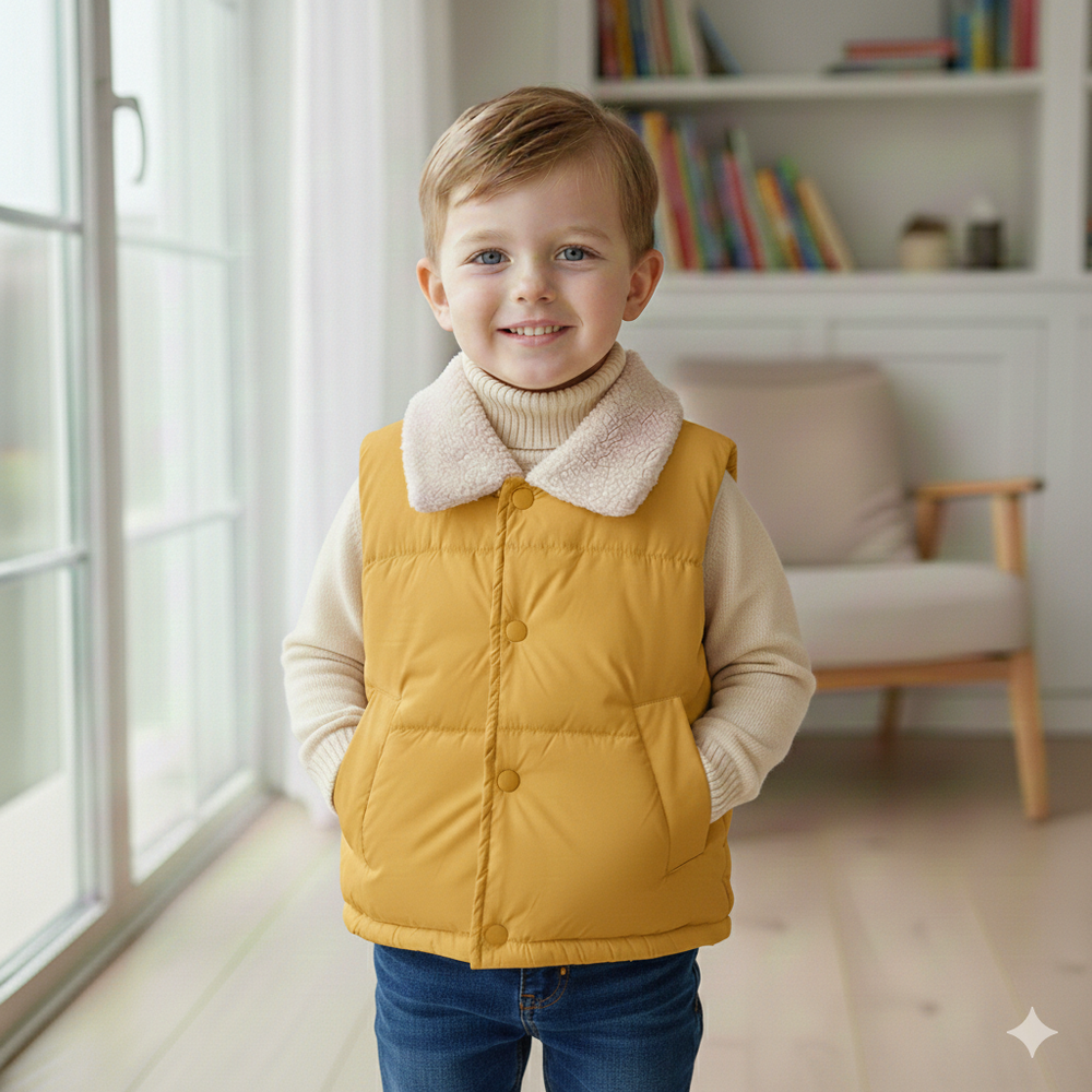 加絨翻領鋪棉暖暖背心-黃色