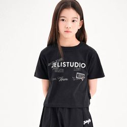韓國 JELISTUDIO - 潮流文字塗鴉純棉短袖上衣-黑