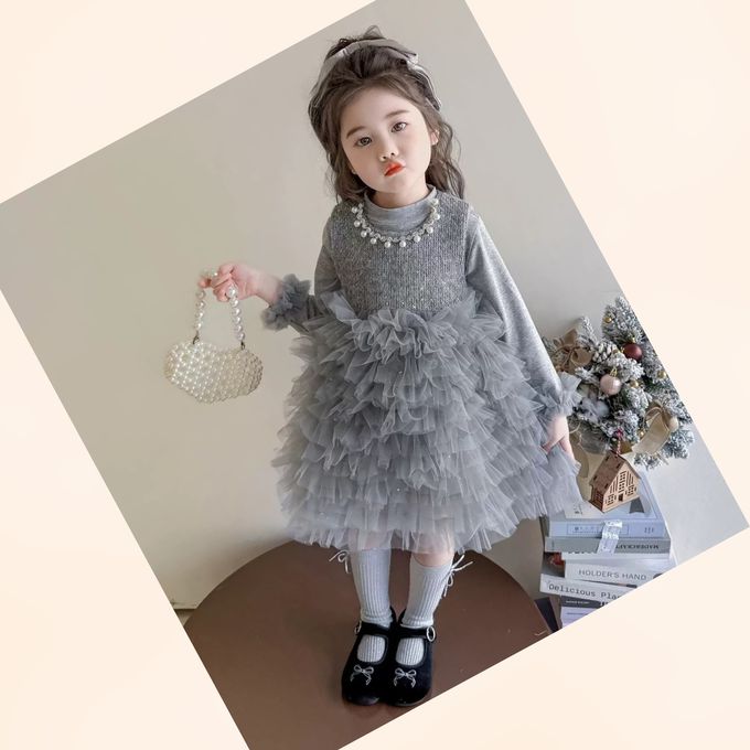 新年拜年Party法式甜美珍珠鑽飾領口網紗蛋糕裙長袖洋裝