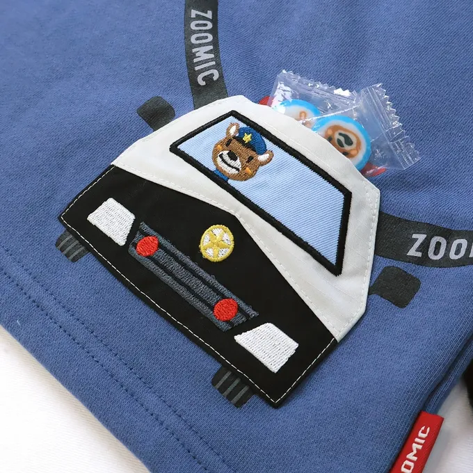 日本 ZOOLAND - 熊熊救援隊 車車口袋長袖上衣-警車-藍