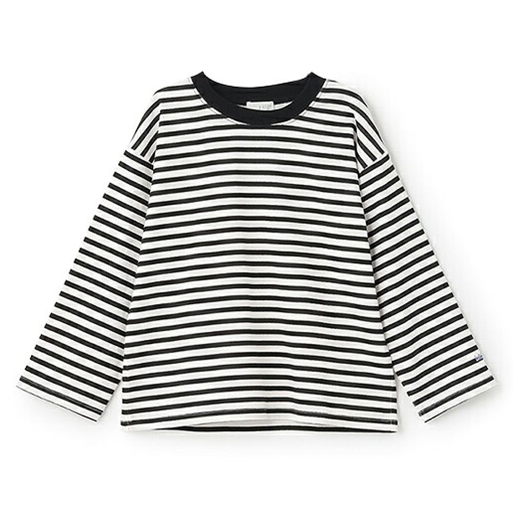 100%棉 寬鬆落肩定番條紋長袖上衣-黑白