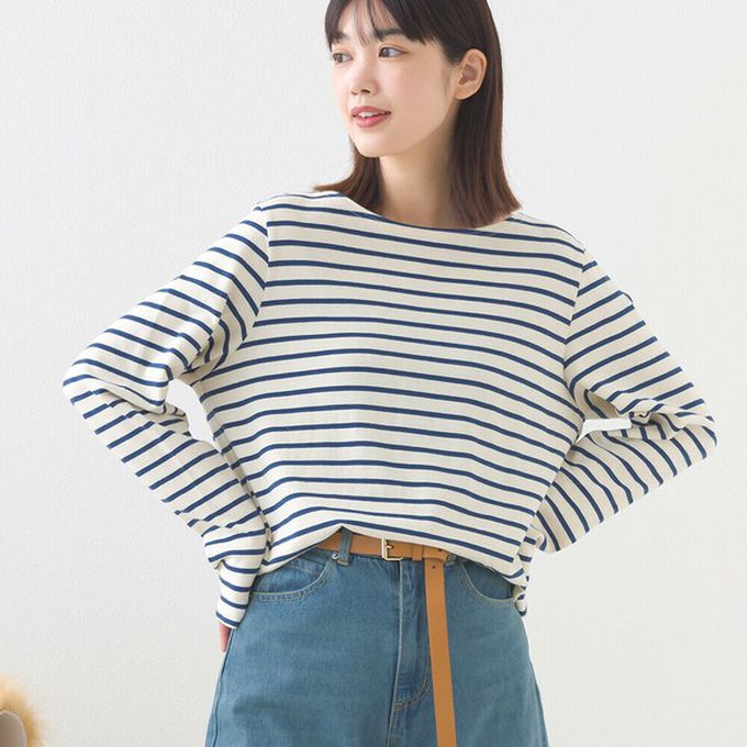 日本 OMNES - [必收款]100%棉 條紋船領長袖上衣-米x海軍藍