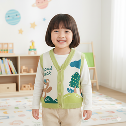 BABUYU - 舒適V領百搭針織背心-幸運小熊-綠色