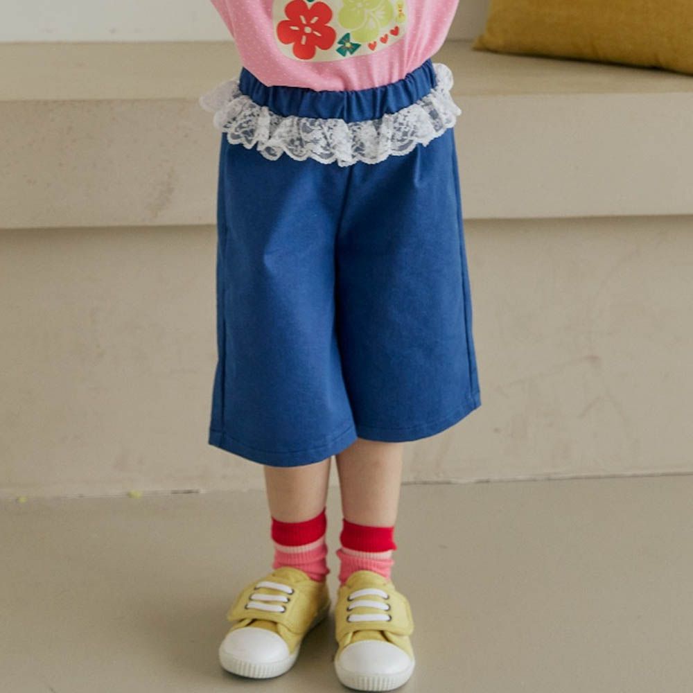 鬆緊腰蕾絲點綴過膝褲-深藍