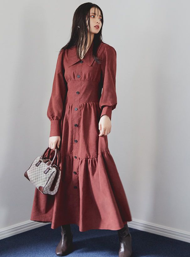 日本 GRL - 明星聯名 設計感層次蛋糕長袖翻領洋裝-深紅