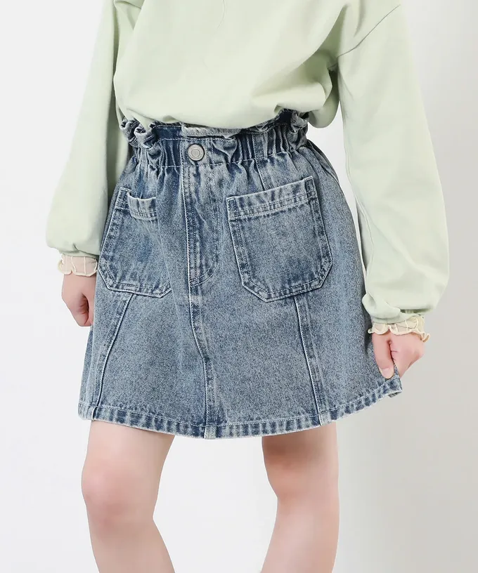 日本 devirock - 純棉舒適腰荷葉丹寧短裙-復古刷色-炭黑