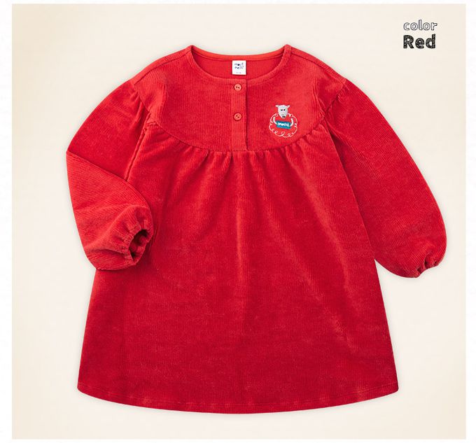 韓國 mollimelli - (含帽子)molli刺繡燈芯絨連身洋裝-紅