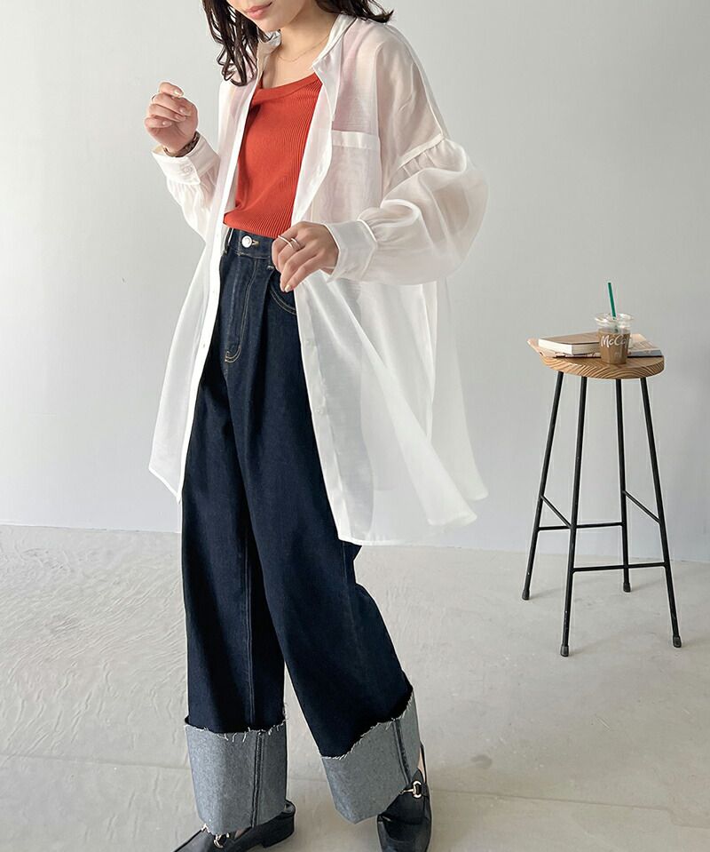 日本 Classical Elf - 優雅滾邊透膚感長袖襯衫-水藍