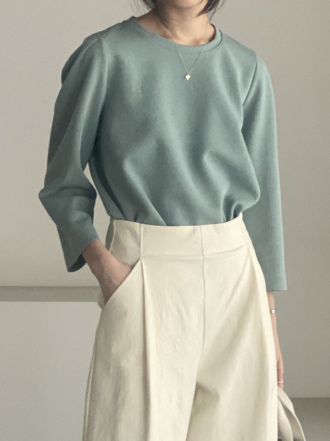 韓國女裝連線 - 設計感抓褶拼接八分袖上衣-藍綠 (FREE)